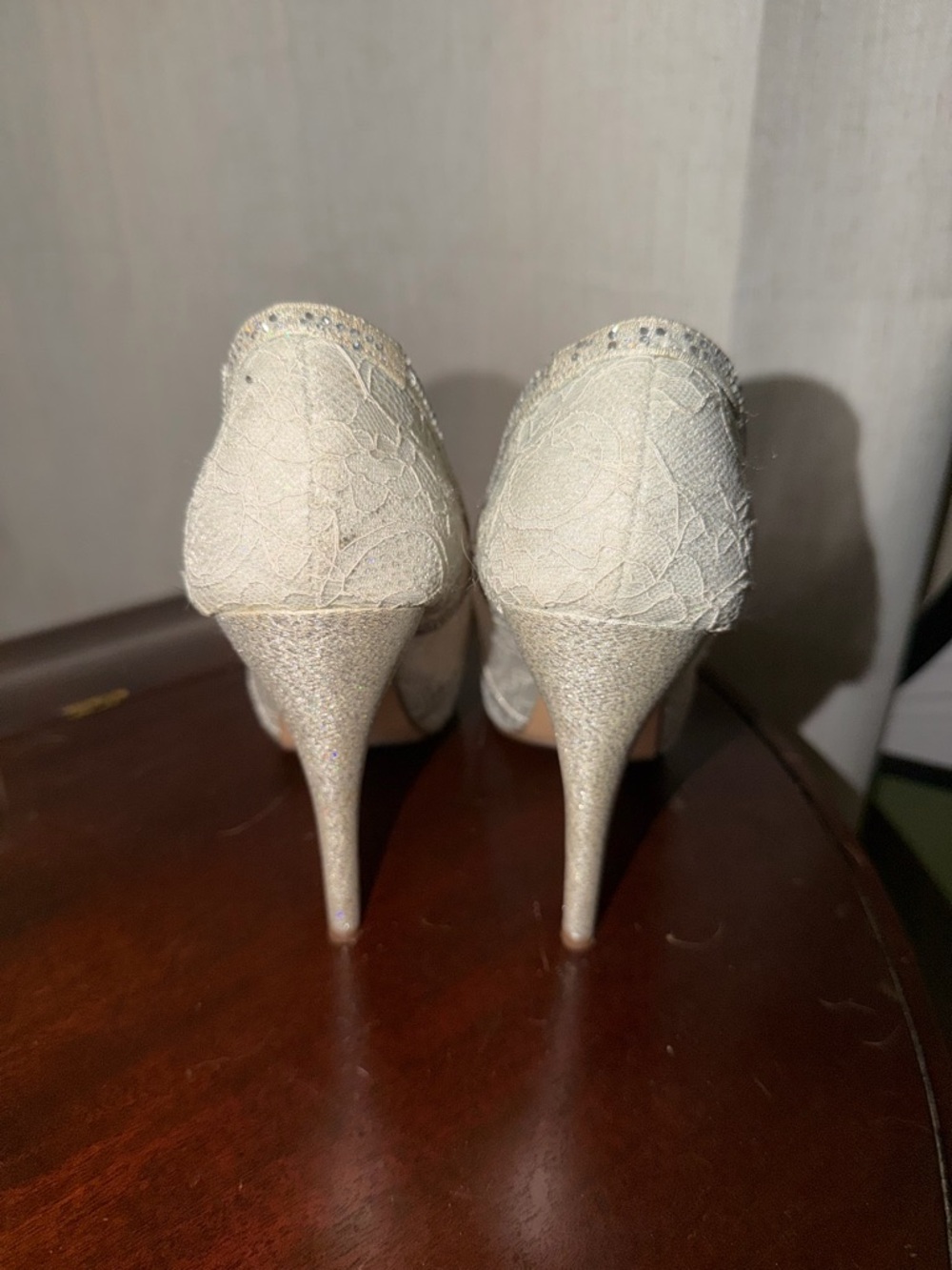 Lauren Lorraine Silver Lace Peep-Toe High Heels with Rhinestone Trim - Picture 5 of 7